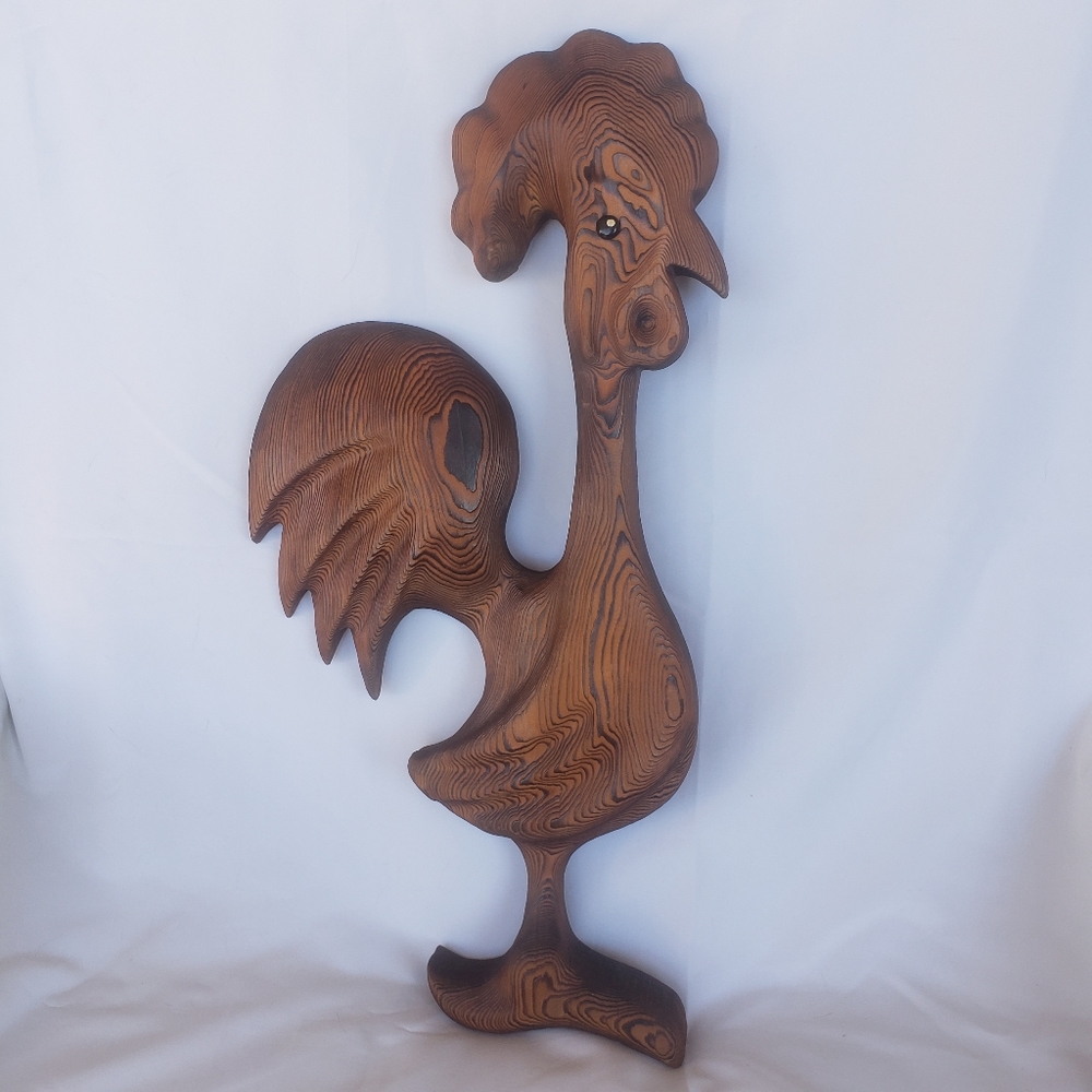 Witco Carved Wood Rooster Pyrography Sculpture Wall Hanging MCM Vintage Tiki 19"